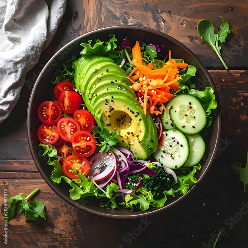 A vibrant bowl of mixed greens salad with avocado and vegetables
