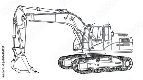 Excavator Line Drawing: Heavy Construction Equipment on White Background