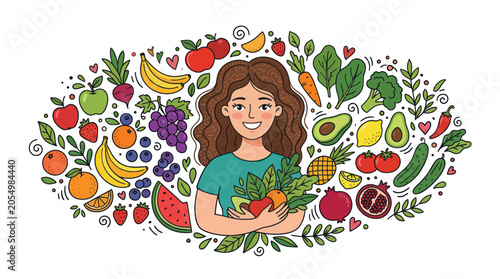 Fotografija Healthy Woman Surrounded by Fresh Fruits and Vegetables