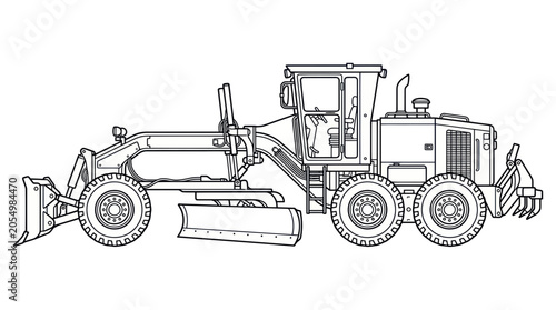 Fotografie Line Art Illustration of a Motor Grader on White Background