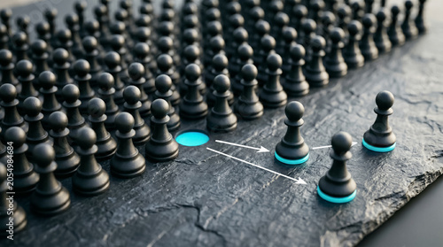 Company turnover and employee replacement concept with black chess pawns and arrows.