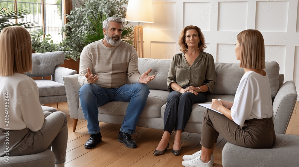Obraz premium Couple in Therapy Session Discussing Issues with Professional Counselor in a Comfortable Office Setting