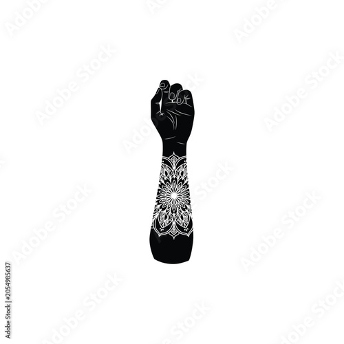 Powerful Raised Fist Silhouette with Intricate White Mandala Geometric Tattoo Pattern on Forearm, Spiritual Zen Body Art Concept for Strength and Unity, Minimalist Graphic Illustration
