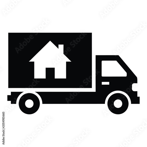 Black truck with house on the back for moving and relocation services icon