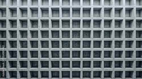 Brutalist concrete coffered ceiling grid straight up, ash grey aggregate detail