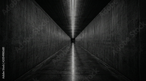 Empty midnight corridor single light strip vanishing point, bilateral symmetry