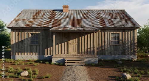 Old rustic wooden house with a metal roof and a small front porch standing in a quiet rural landscape