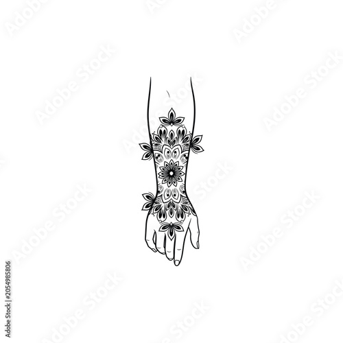 Elegant Hand and Forearm Outline with Intricate Black Mandala Tattoo Design, Minimalist Zen Line Art Illustration of Geometric Floral Henna Pattern for Body Art, Yoga, and Spiritual Decor
