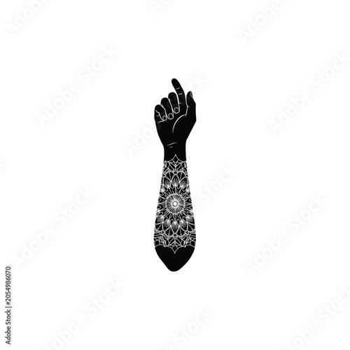 Hand Pointing Up Silhouette with Intricate White Mandala Geometric Tattoo Pattern on Forearm, Mystical Spiritual Zen Yoga Concept Illustration for Modern Minimalist Design and Creative Art