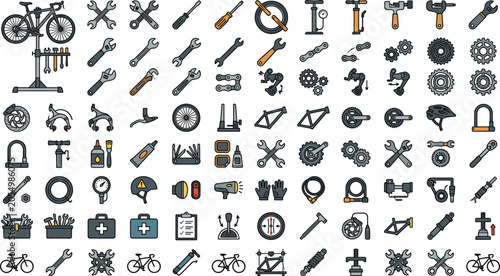 Schilderij op canvas Bicycle repair shop and mechanic tools vector icon set featuring wrenches screwd