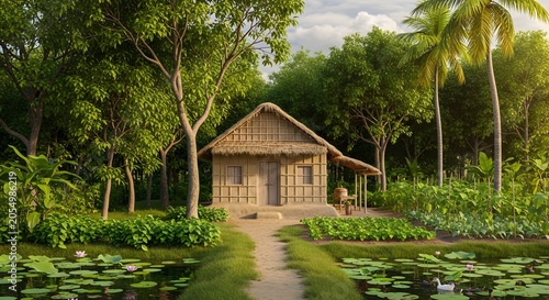 Small rustic mud house standing in a lush tropical garden with a peaceful pond and green palm trees
