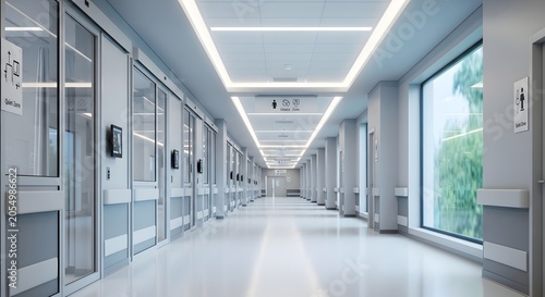 Modern hospital corridor with glass doors and bright interior lighting