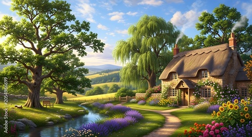 Beautiful country cottage with thatched roof in a lush green garden landscape with trees and flowers on a sunny summer day