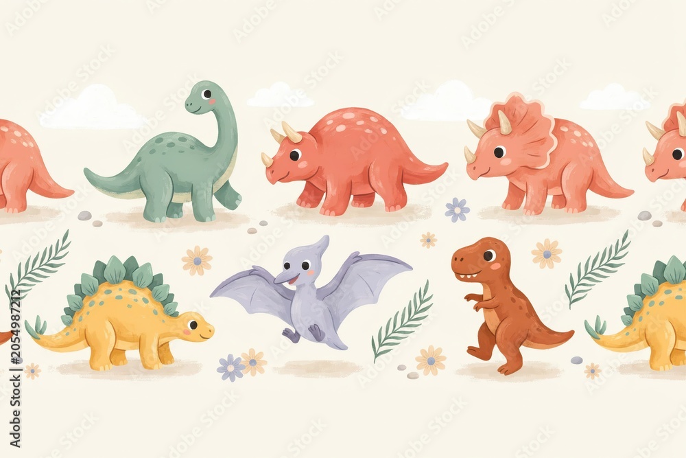 Obraz premium Seamless pattern with cute cartoon dinosaurs, including triceratops, diplodocus, and pterodactyl, with flowers and leaves on a light background