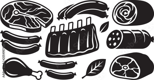 Foto Meat Cuts Silhouette Set: Beef, Pork, Sausage, Ribs and Steak