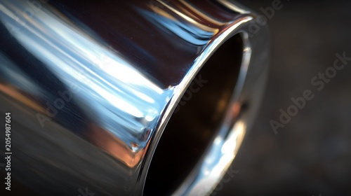 Close up of a shiny polished chrome vehicle exhaust pipe.