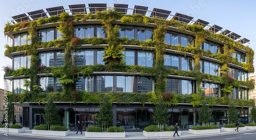 Modern eco friendly building covered in green plants with solar panels on the roof in a city street