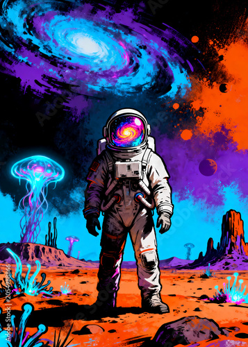 Fantasy illustration of an astronaut exploring a strange, colorful alien planet