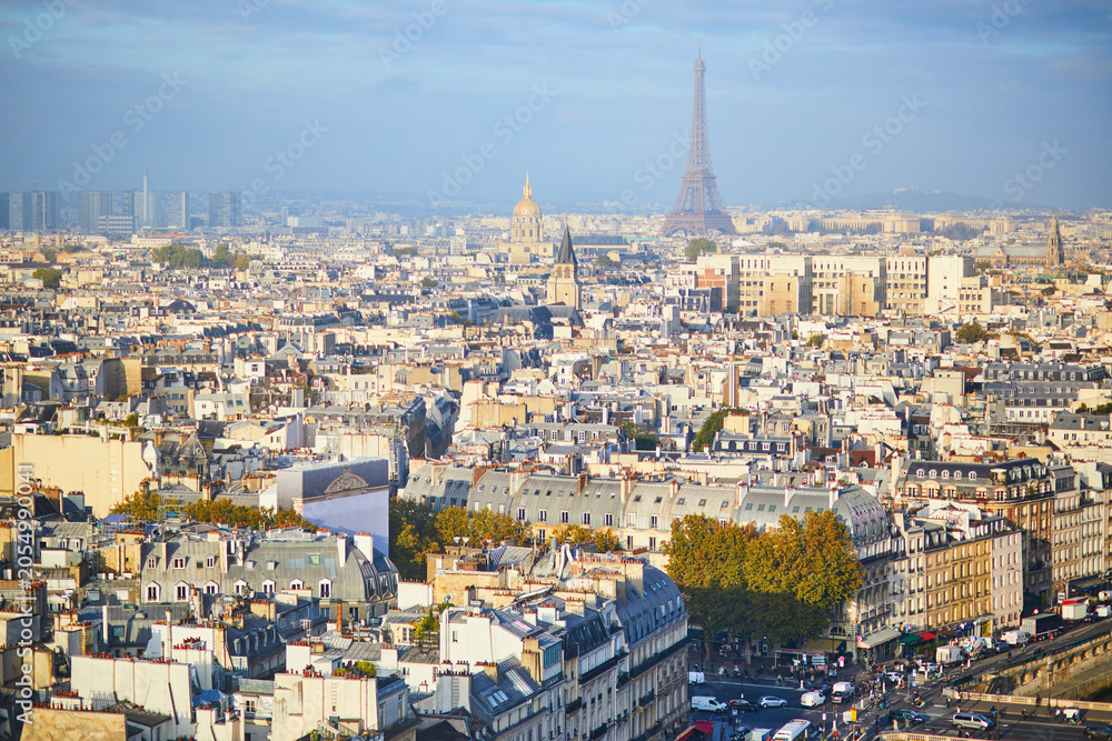 Obraz premium Panoramic view of Paris rooftops with the Eiffel Tower, historic architecture, autumn trees, and warm daylight