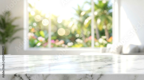 Luxury Marble Tabletop Background for Product Display with Tropical Garden and Palm Trees Window View Mockup