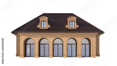 Slika na platnu Isolated classical style house with brown tiled roof, dormer windows and arched