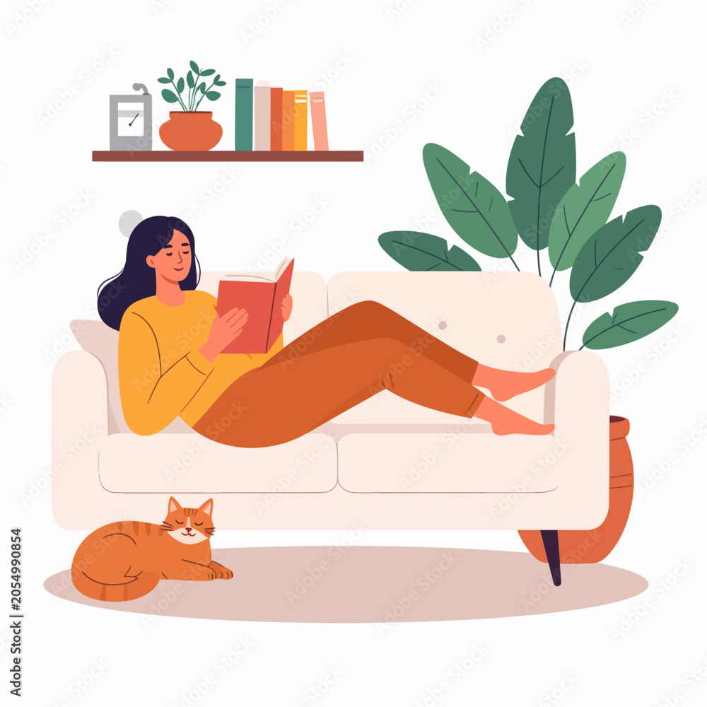 Obraz premium Young woman relaxing on sofa reading book with pet cat at home.