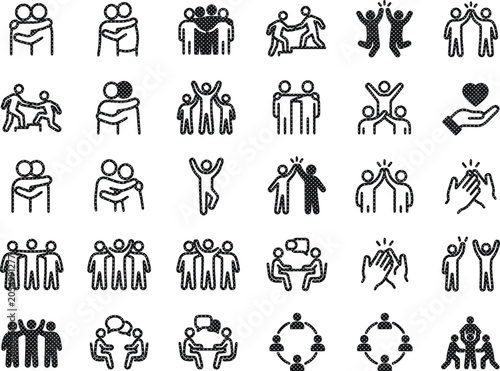 Photos Community and teamwork vector icon set, diverse group of people celebrating, collaborating, and supporting each other