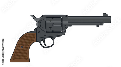 Photos A black revolver with a brown wooden grip on a plain white background in a horizontal position