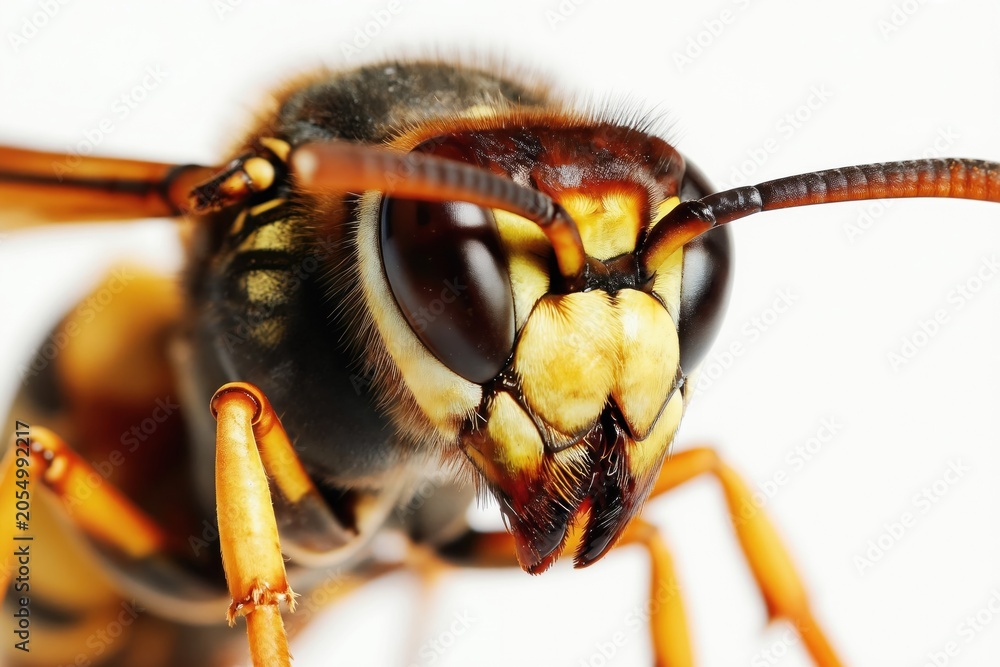 Naklejka premium Extreme close up macro photo of hornet insect head. Detailed view of wasp eyes antennae mandibles. Yellow black striped body segment detail.