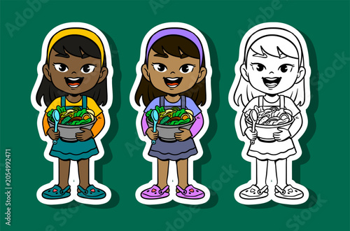 Happy Little Girl Holding Bowl of Salad Illustration Set
