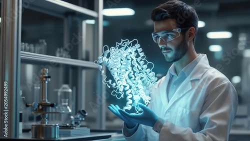 Scientist studying a 3D protein model