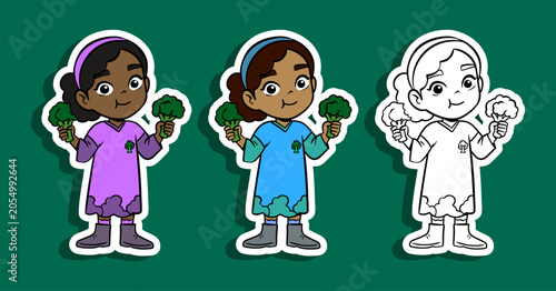 Girl Holding Broccoli Illustration Set