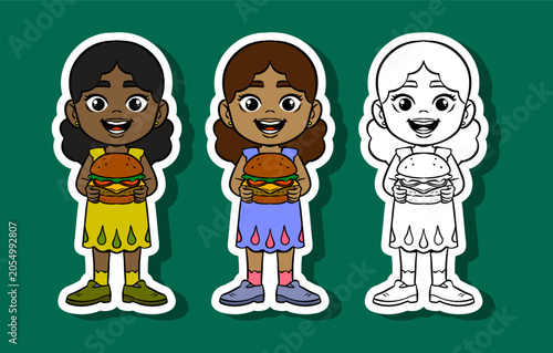 Happy Girl Holding Burger Illustration Set