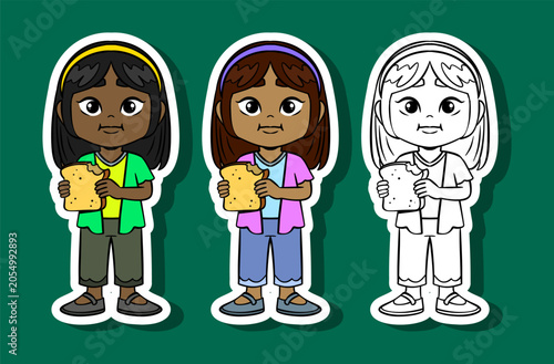 Girl Eating Bread Illustration Set