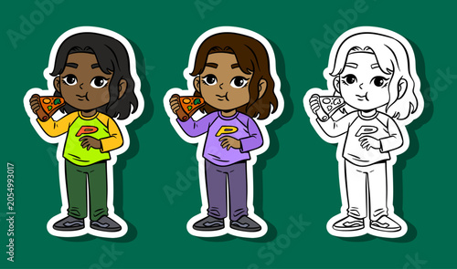 Child Eating Pizza Illustration Set
