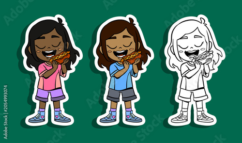 Girl Eating Hot Dog Illustration Set