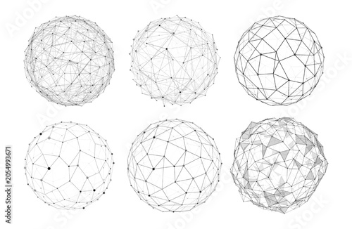 Black Polygonal Network Spheres Set With Geometric Lines And Dots