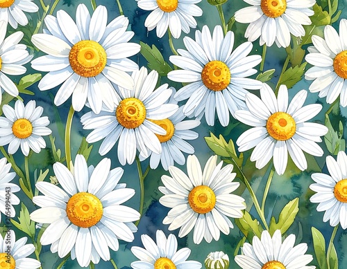 A vibrant floral pattern of white daisies with yellow centers