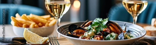 Delicious moules frites with french fries and white wine being served in a restaurant