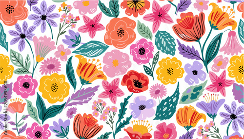 Modern ditsy floral background vector featuring small colorful watercolor blossoms and green foliage