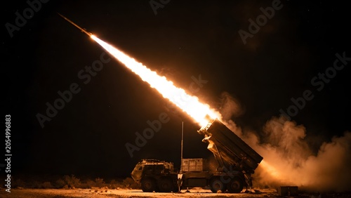 Night Air Defense Missile Launch Illuminating Dark Sky with Cinematic Atmosphere