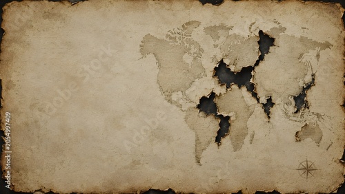 Distressed Torn Paper Map with Burnt Edges Revealing Dark Void in Vintage Flat Lay Composition
