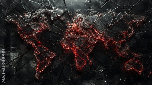 Shattered Glass World Map with Red Light Glowing Through Cracks in Dark Cinematic Scene
