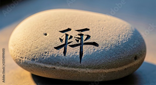 Smooth Oval Stone With Engraved Chinese Character on Natural Surface