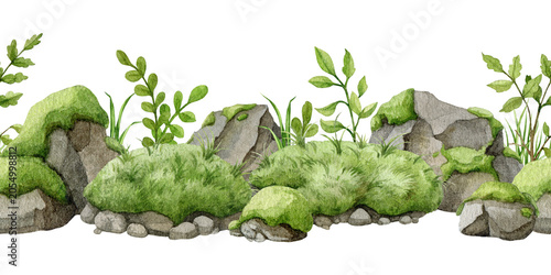 Cuadro en lienzo Mossy rocks, grass and wild plants seamless border isolated on background