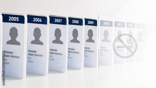 Yearly health policy card lineup featuring smoke-free logo, tobacco regulation concept