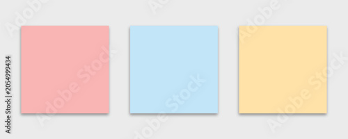 Blank pastel sticky notes set with square paper sheets and soft drop shadow