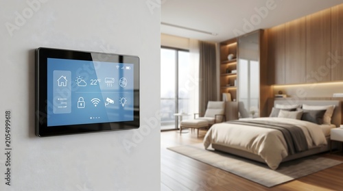 Smart home control panel in a modern bedroom