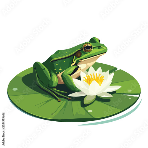 A detailed green frog sitting on a large lily pad with a blooming water lily flower.