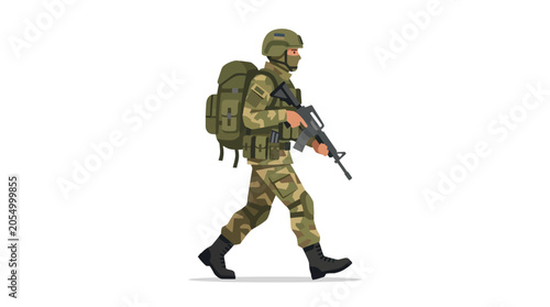 Fotografie A soldier in military uniform and gear, including a backpack and rifle, walks with a purposeful stride against a clean white background with a muted green and brown color palette